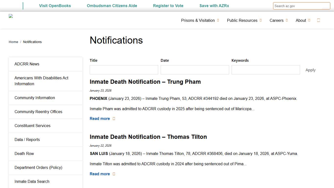 Notifications Arizona Department of Corrections, Rehabilitation & Reentry